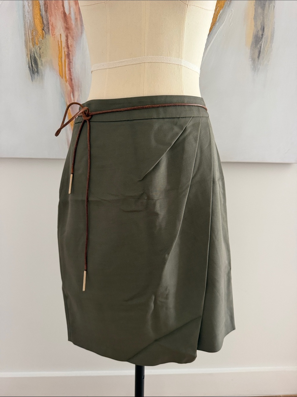 Massimo Dutti Olive Wrap Midi Skirt with Contrast Tie